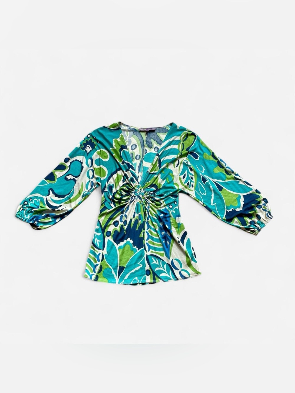 Hale Bob Y2K Silk Abstract Print Blouse in Blue & Green Size Small